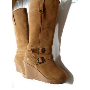 BEARPAW Knee High Shearling Wedge Boots 7 Chestnut